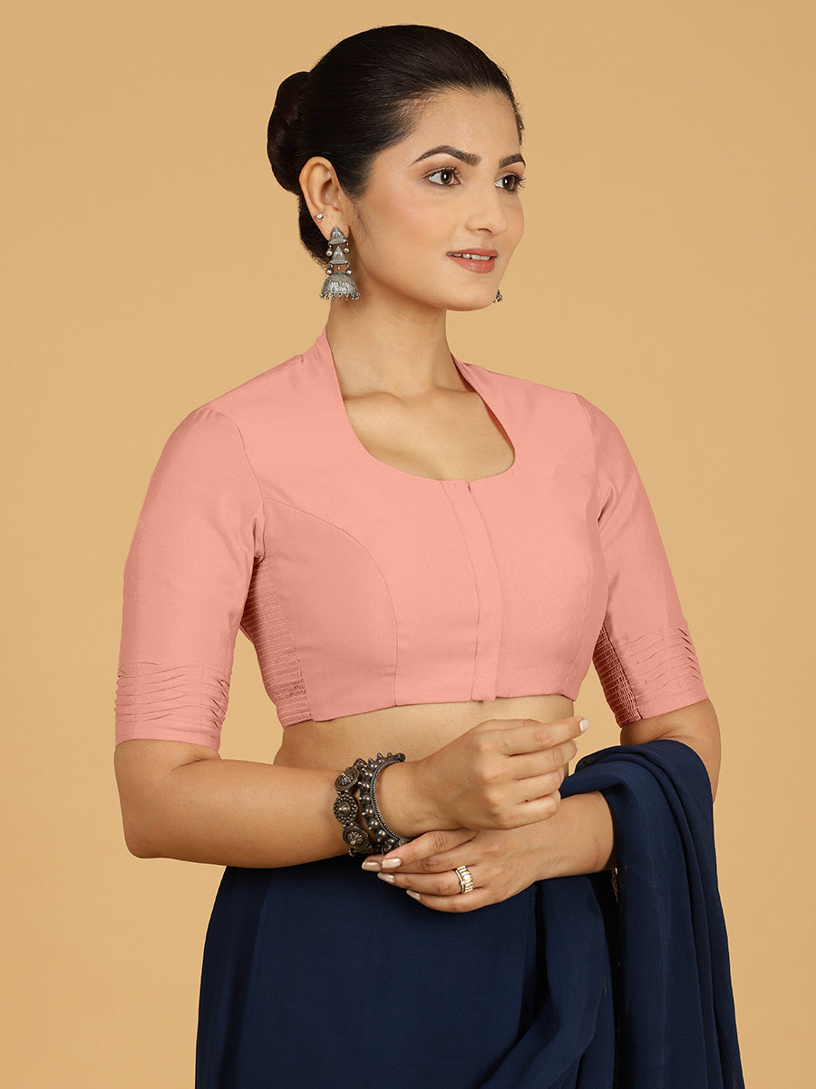 Salma x Rozaana Saree Blouse, in Pink Viscose, featuring elbow sleeves and pot neckline, made for daily & work (view 6).