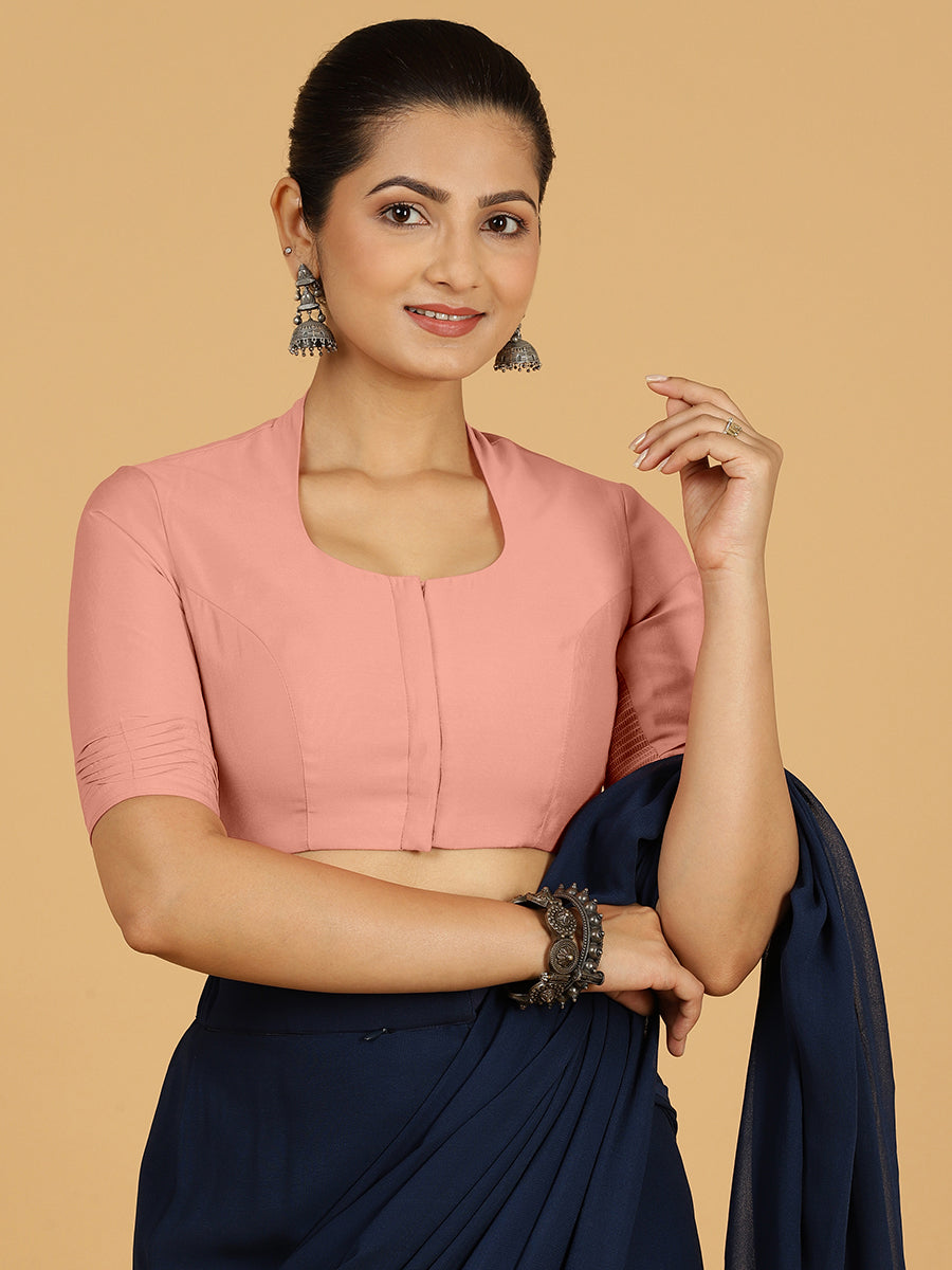 Salma x Rozaana Saree Blouse, in Pink Viscose, featuring elbow sleeves and pot neckline, made for daily & work (view 8).