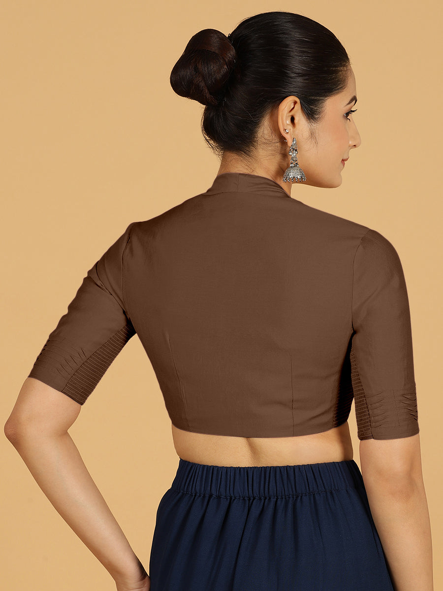 Salma x Rozaana Saree Blouse, in Brown Viscose, featuring elbow sleeves and pot neckline, made for daily & work (view 2).