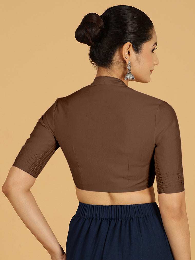 Salma x Rozaana Saree Blouse, in Brown Viscose, featuring elbow sleeves and pot neckline, made for daily & work (view 2).