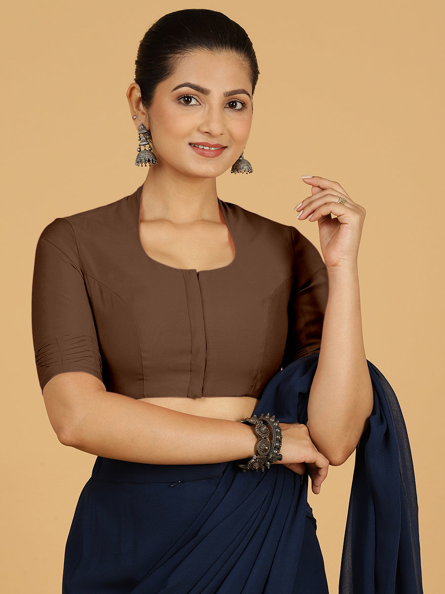 Salma x Rozaana Saree Blouse, in Brown Viscose, featuring elbow sleeves and pot neckline, made for daily & work (view 8).