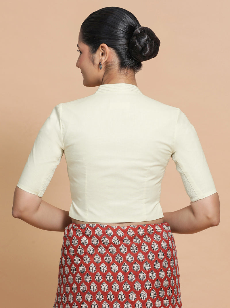 Saloni x Rozaana | Stylised Neck Saree Blouse in Chalk White Linen-Binks