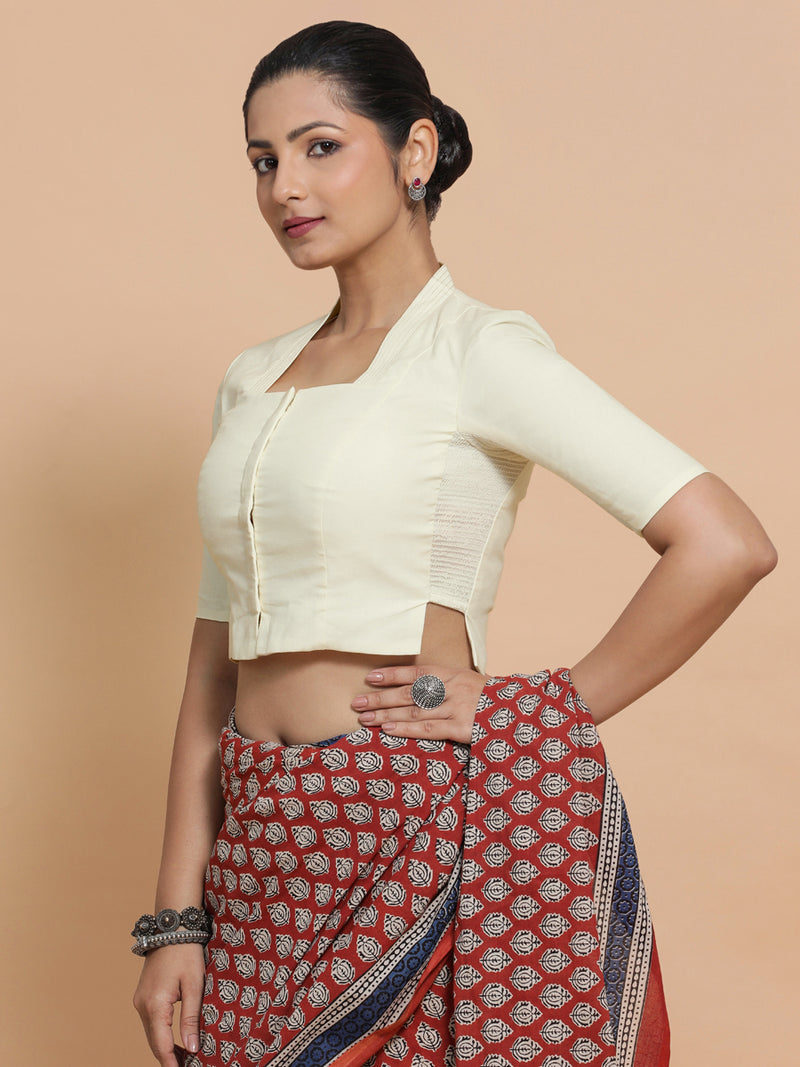 Saloni x Rozaana | Stylised Neck Saree Blouse in Chalk White Linen-Binks