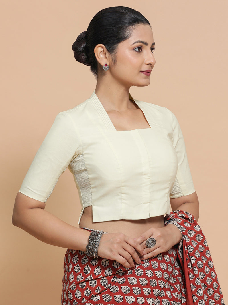 Saloni x Rozaana | Stylised Neck Saree Blouse in Chalk White Linen-Binks