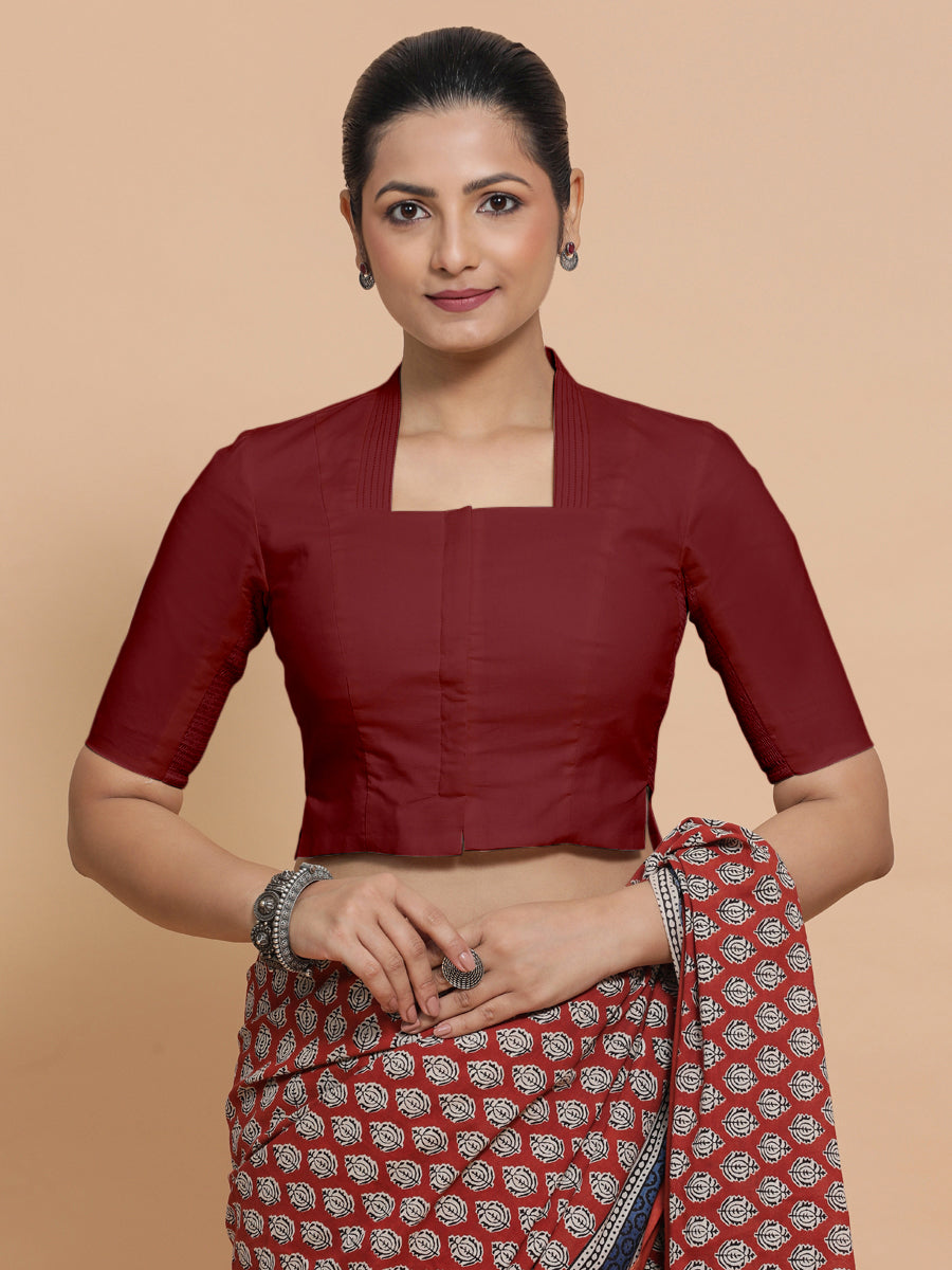 Saloni x Rozaana | Stylised Neck Saree Blouse in Cranberry Red Linen