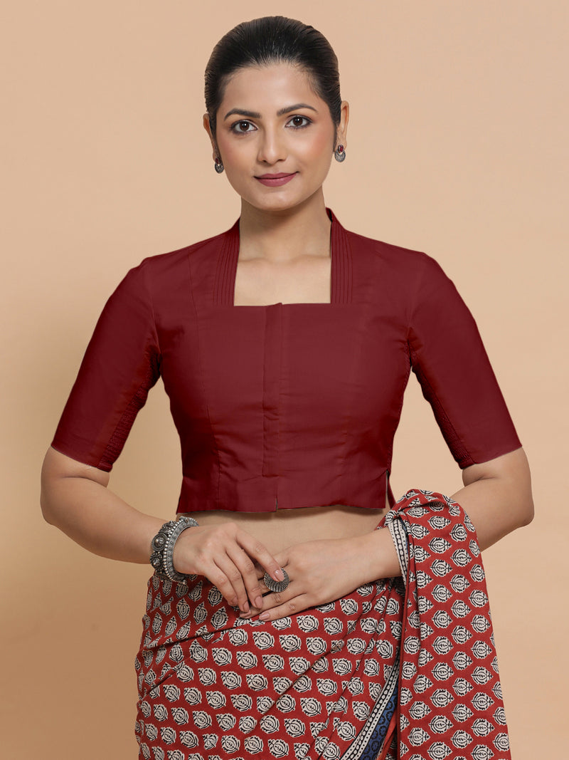 Saloni x Rozaana | Stylised Neck Saree Blouse in Cranberry Red Linen-Binks