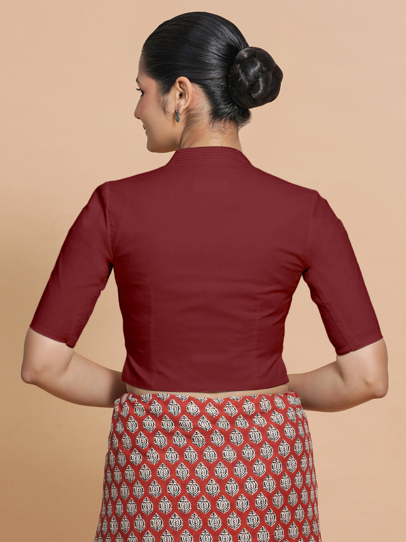 Saloni x Rozaana | Stylised Neck Saree Blouse in Cranberry Red Linen-Binks