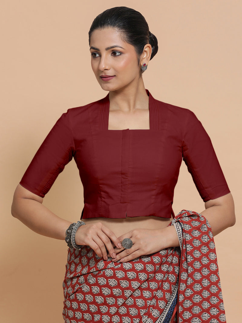 Saloni x Rozaana | Stylised Neck Saree Blouse in Cranberry Red Linen-Binks