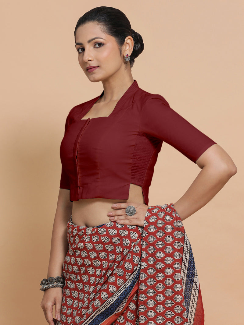 Saloni x Rozaana | Stylised Neck Saree Blouse in Cranberry Red Linen-Binks