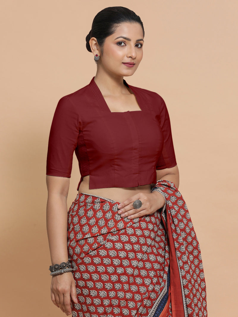 Saloni x Rozaana | Stylised Neck Saree Blouse in Cranberry Red Linen-Binks