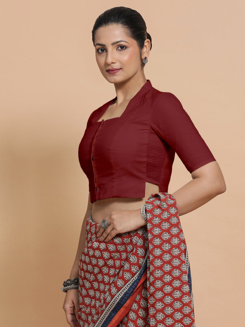 Saloni x Rozaana | Stylised Neck Saree Blouse in Cranberry Red Linen-Binks