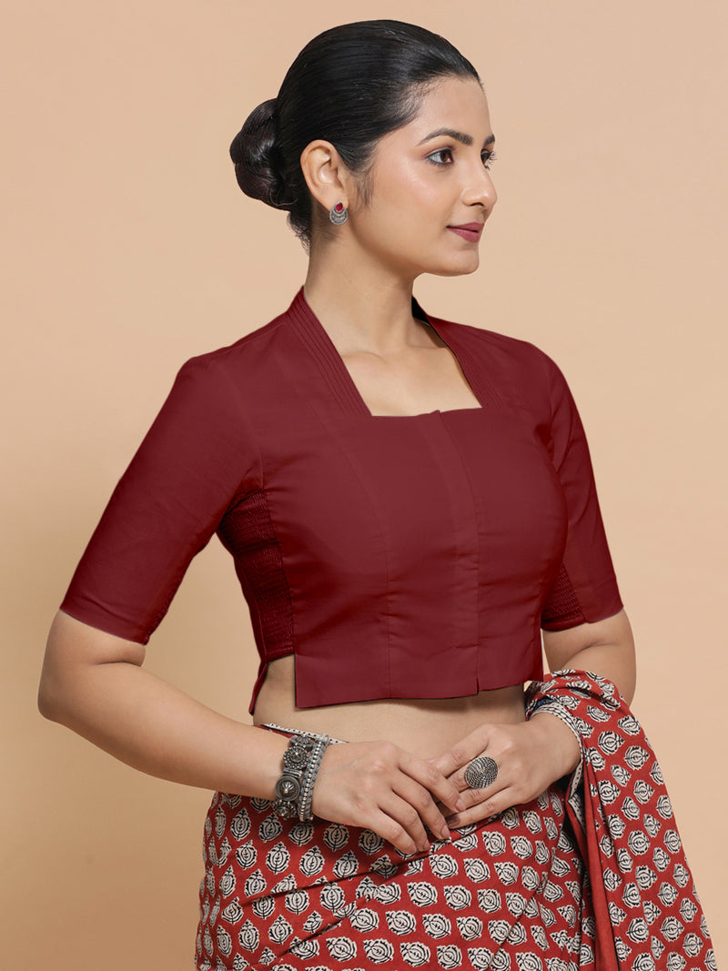 Saloni x Rozaana | Stylised Neck Saree Blouse in Cranberry Red Linen-Binks