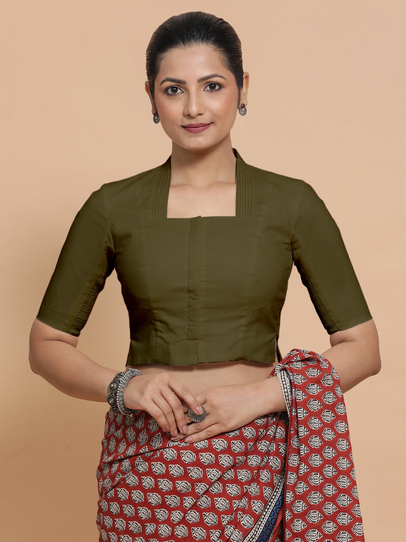 Saloni x Rozaana | Stylised Neck Saree Blouse in Deep Olive Green Linen-Binks