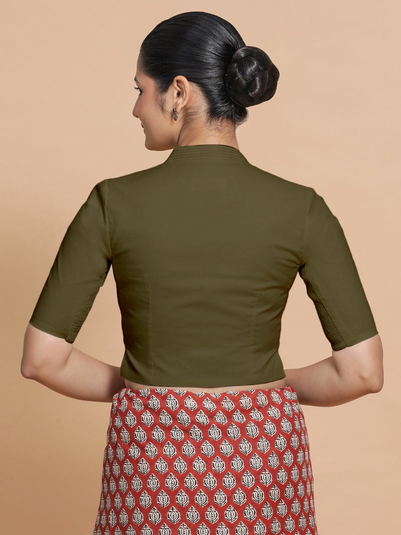 Saloni x Rozaana | Stylised Neck Saree Blouse in Deep Olive Green Linen-Binks