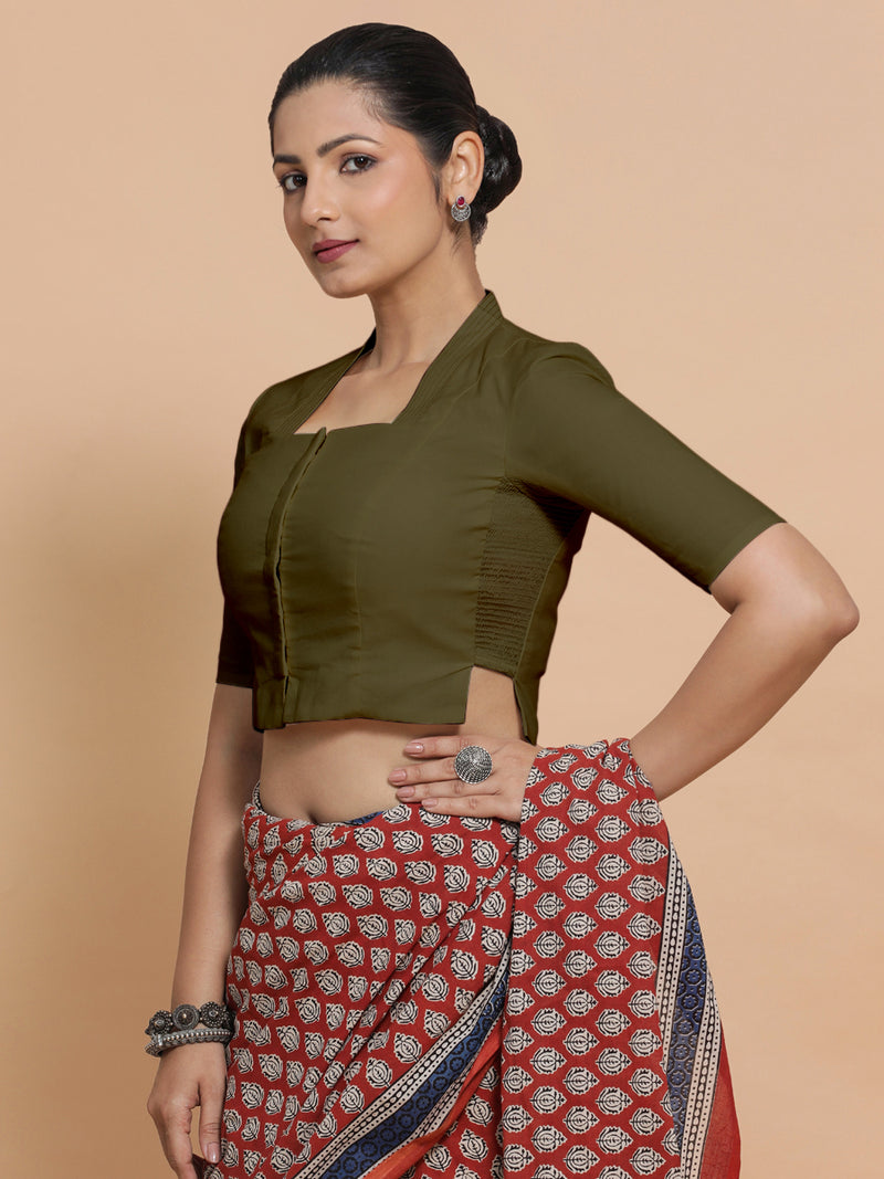 Saloni x Rozaana | Stylised Neck Saree Blouse in Deep Olive Green Linen-Binks