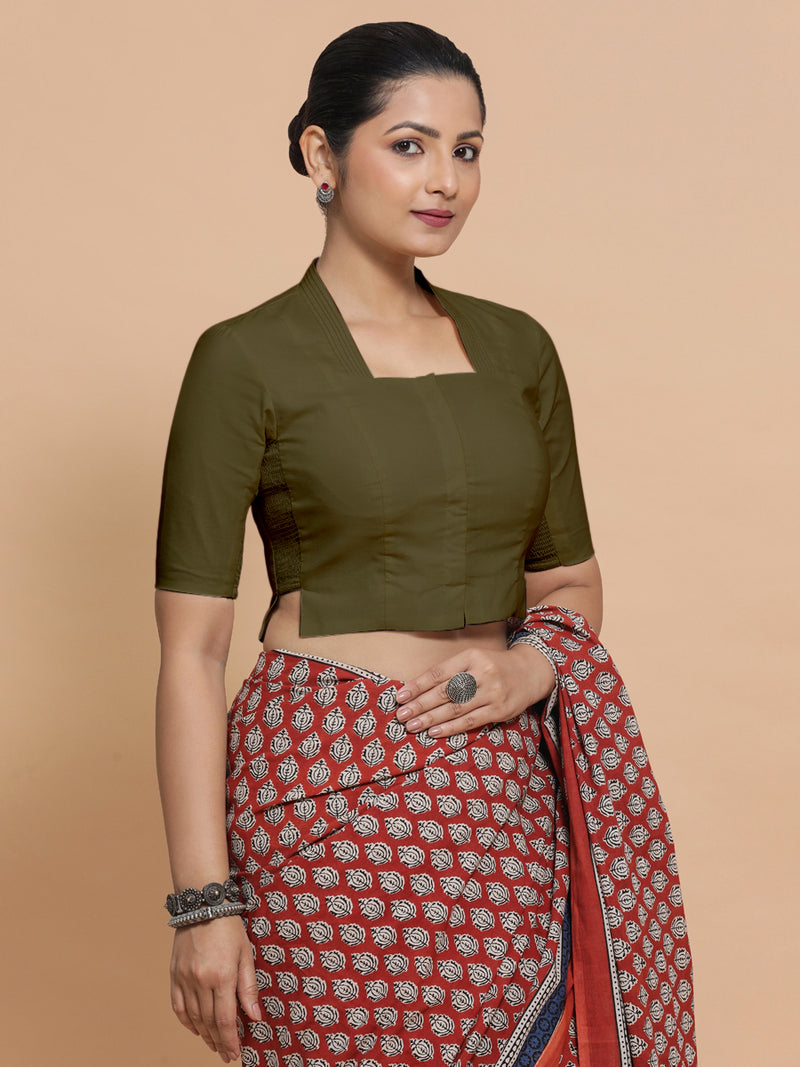 Saloni x Rozaana | Stylised Neck Saree Blouse in Deep Olive Green Linen-Binks