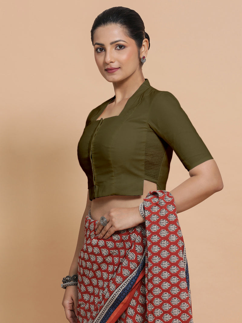 Saloni x Rozaana | Stylised Neck Saree Blouse in Deep Olive Green Linen-Binks
