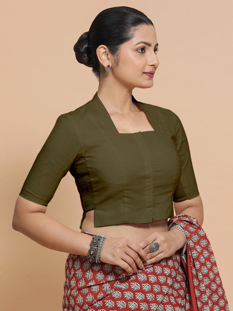 Saloni x Rozaana | Stylised Neck Saree Blouse in Deep Olive Green Linen-Binks
