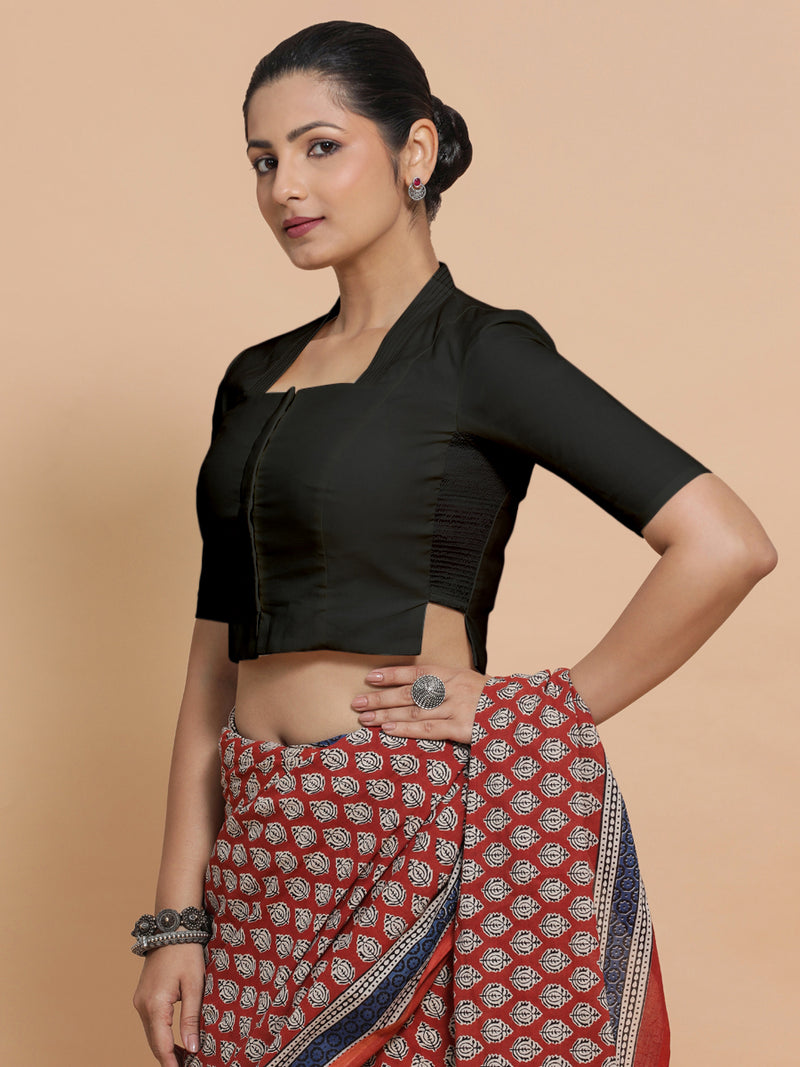 Saloni x Rozaana | Stylised Neck Saree Blouse in Ebony Black Linen-Binks