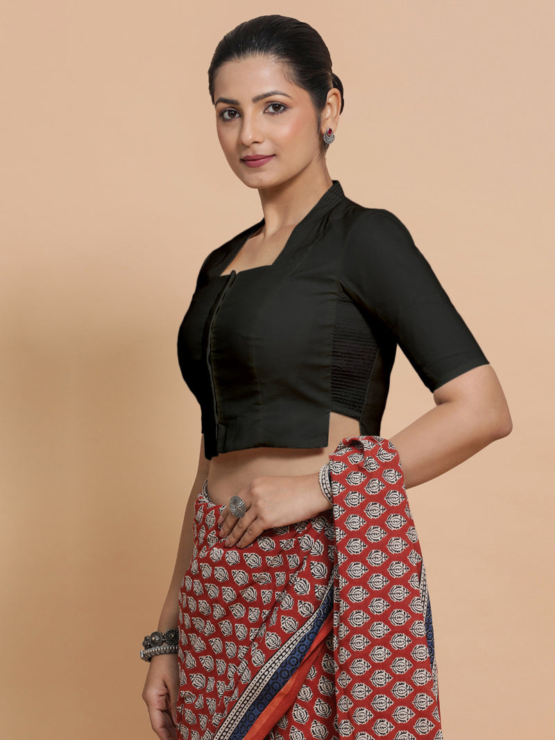Saloni x Rozaana | Stylised Neck Saree Blouse in Ebony Black Linen-Binks