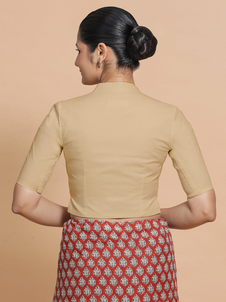 Saloni x Rozaana Saree Blouse, in Beige Linen, featuring elbow sleeves and stylised neckline, made for daily & work (view 2).