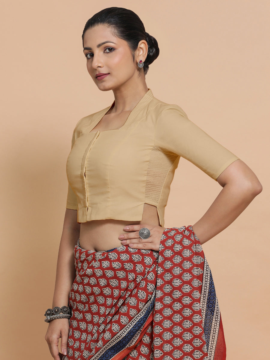 Saloni x Rozaana Saree Blouse, in Beige Linen, featuring elbow sleeves and stylised neckline, made for daily & work (view 7).