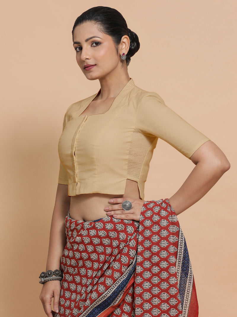 Saloni x Rozaana | Stylised Neck Saree Blouse in Ecru Beige Linen-Binks