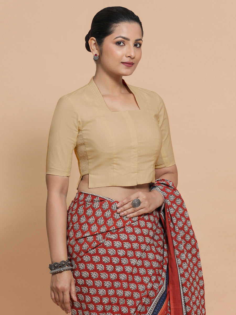 Saloni x Rozaana Saree Blouse, in Beige Linen, featuring elbow sleeves and stylised neckline, made for daily & work (view 8).