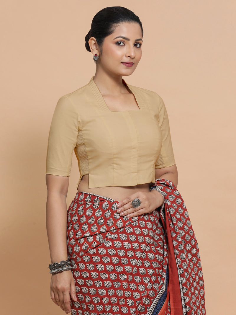 Saloni x Rozaana | Stylised Neck Saree Blouse in Ecru Beige Linen-Binks