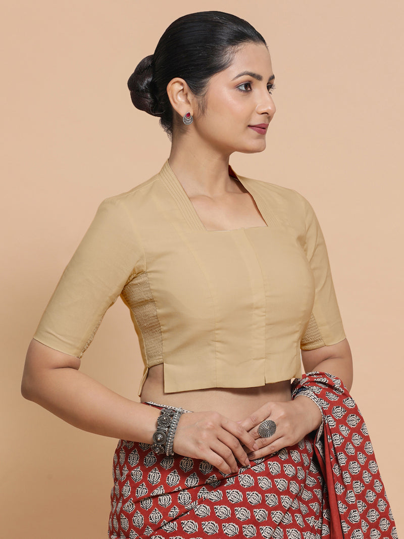 Saloni x Rozaana | Stylised Neck Saree Blouse in Ecru Beige Linen-Binks