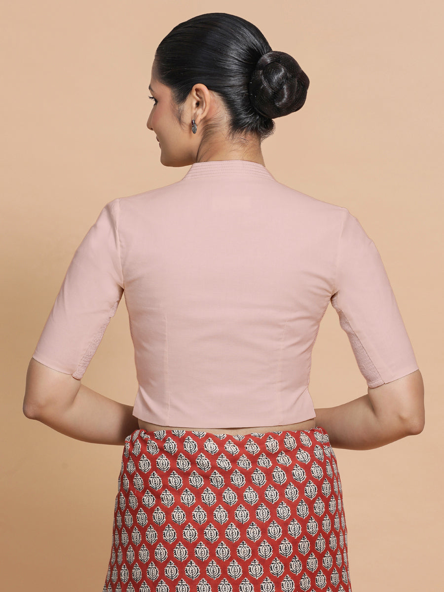 Saloni x Rozaana Saree Blouse, in Pink Linen, featuring elbow sleeves and stylised neckline, made for daily & work (view 2).