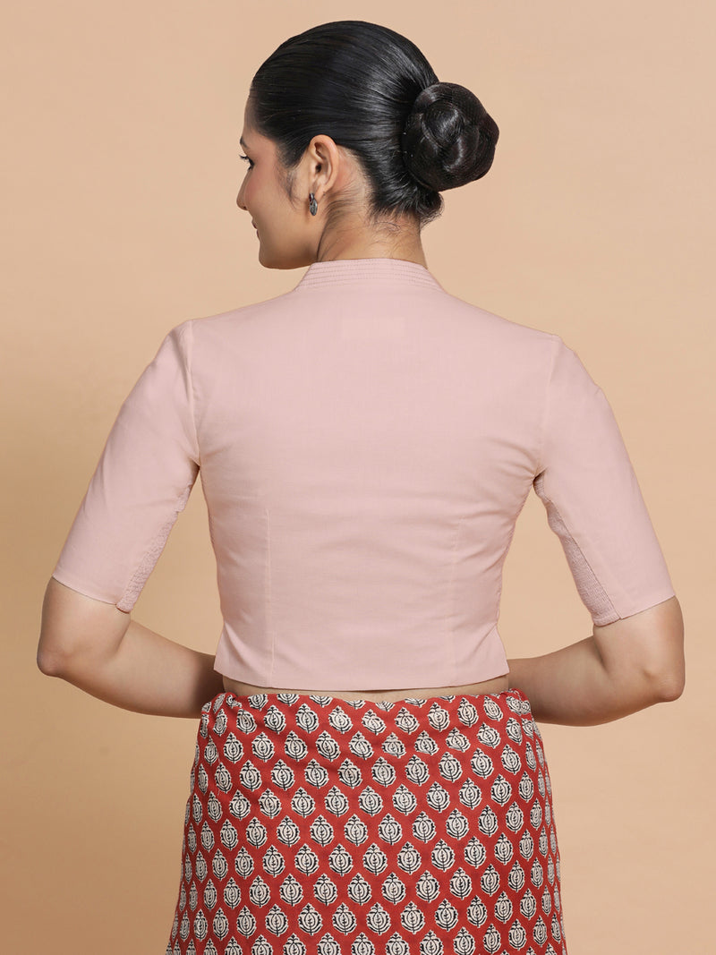 Saloni x Rozaana | Stylised Neck Saree Blouse in Misty Pink Linen-Binks