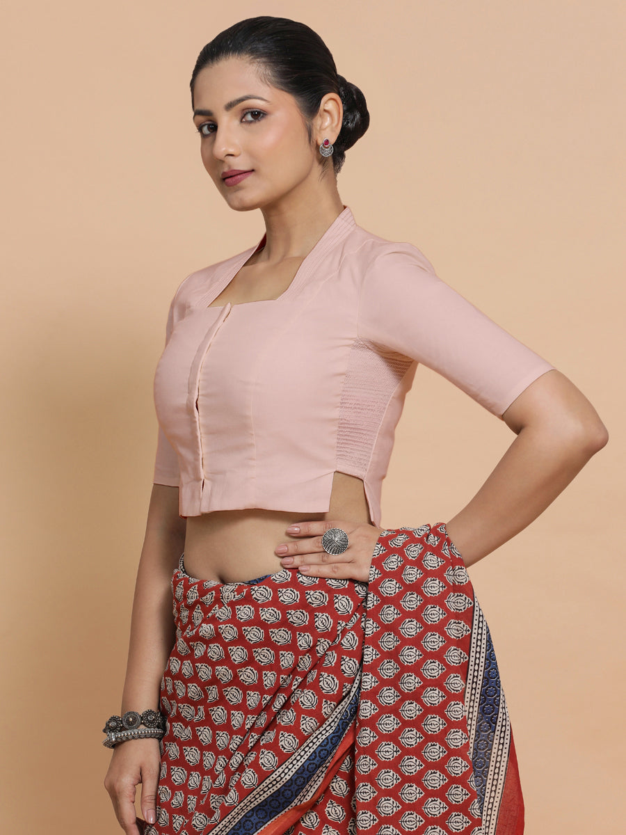 Saloni x Rozaana Saree Blouse, in Pink Linen, featuring elbow sleeves and stylised neckline, made for daily & work (view 7).