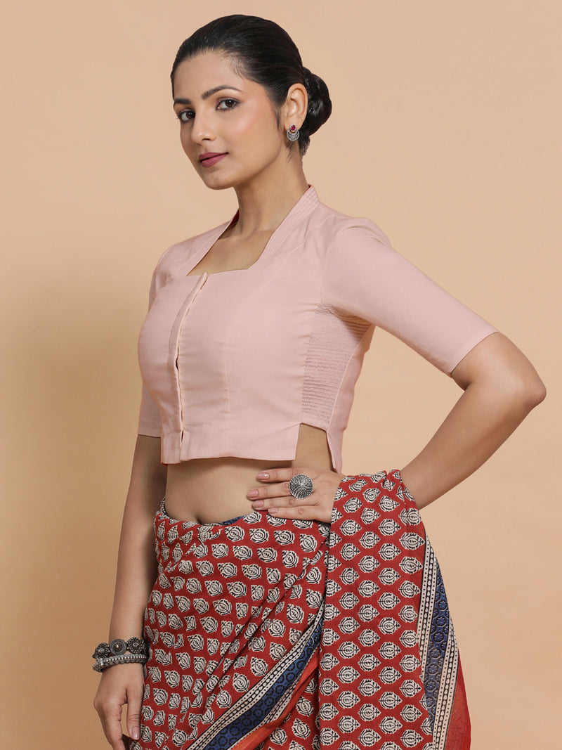 Saloni x Rozaana | Stylised Neck Saree Blouse in Misty Pink Linen-Binks
