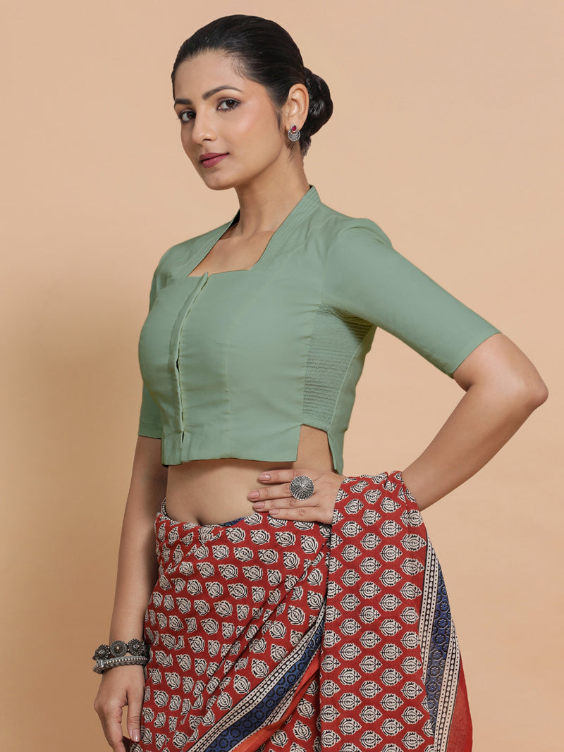 Saloni x Rozaana | Stylised Neck Saree Blouse in Peppermint Green Linen-Binks