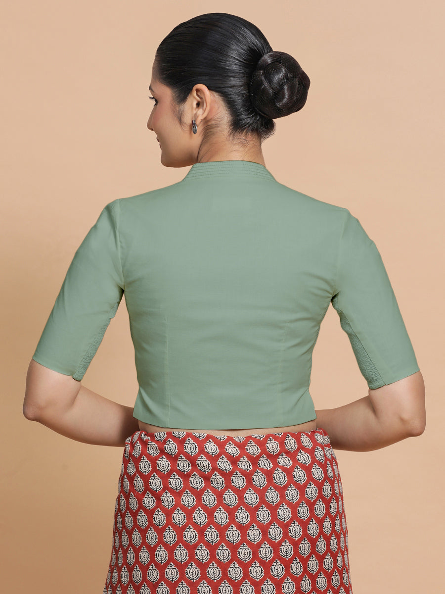 Saloni x Rozaana Saree Blouse, in Green Linen, featuring elbow sleeves and stylised neckline, made for daily & work (view 2).