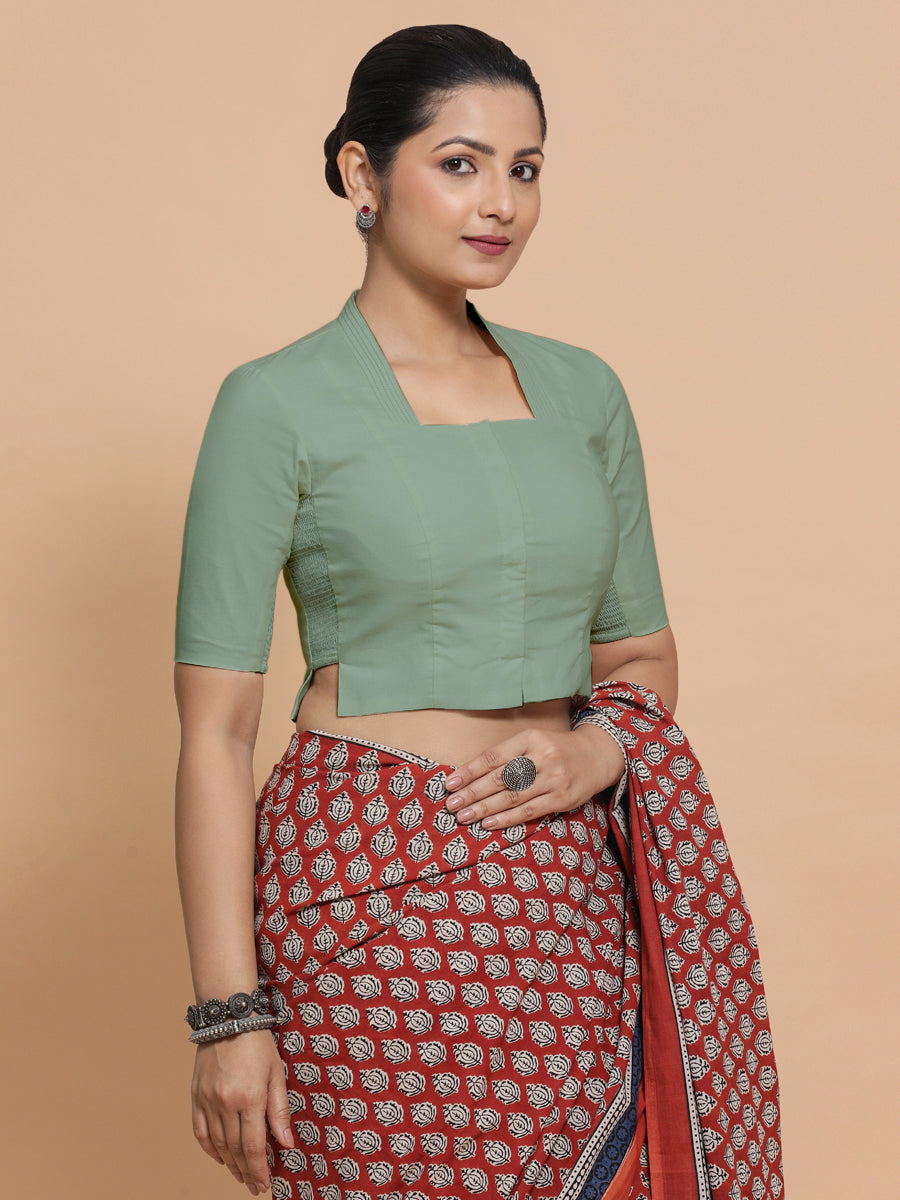 Saloni x Rozaana Saree Blouse, in Green Linen, featuring elbow sleeves and stylised neckline, made for daily & work (view 7).
