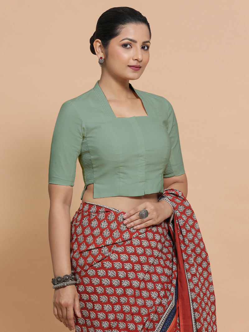 Saloni x Rozaana | Stylised Neck Saree Blouse in Peppermint Green Linen-Binks