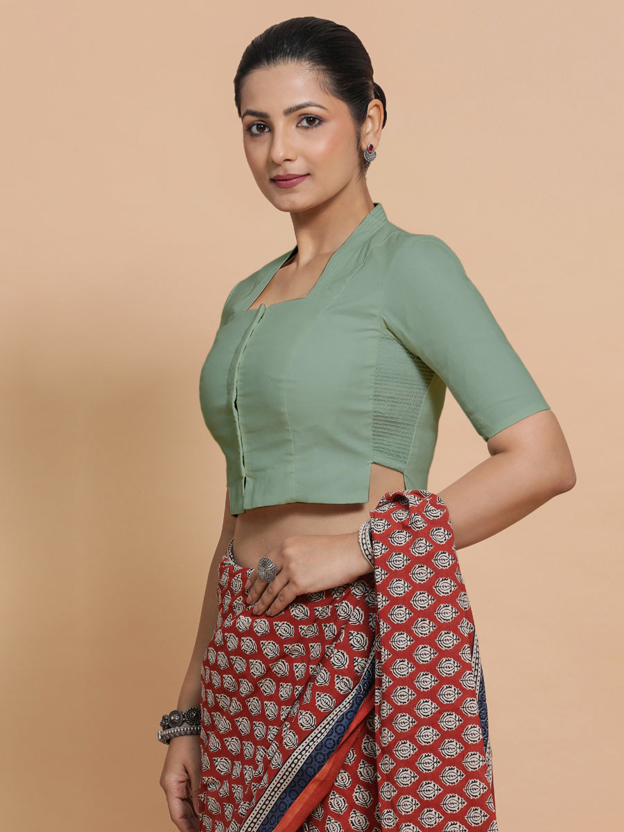 Saloni x Rozaana Saree Blouse, in Green Linen, featuring elbow sleeves and stylised neckline, made for daily & work (view 8).