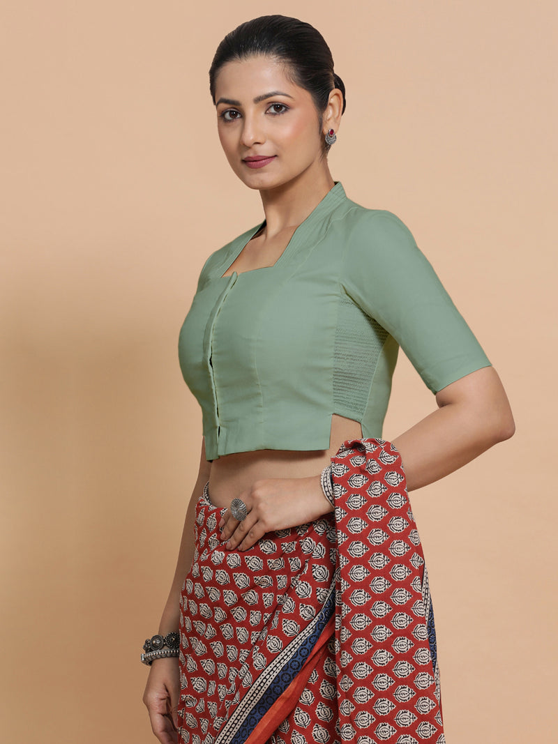 Saloni x Rozaana | Stylised Neck Saree Blouse in Peppermint Green Linen-Binks