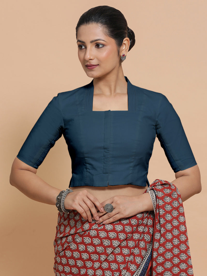Saloni x Rozaana | Stylised Neck Saree Blouse in Regal Blue Linen-Binks