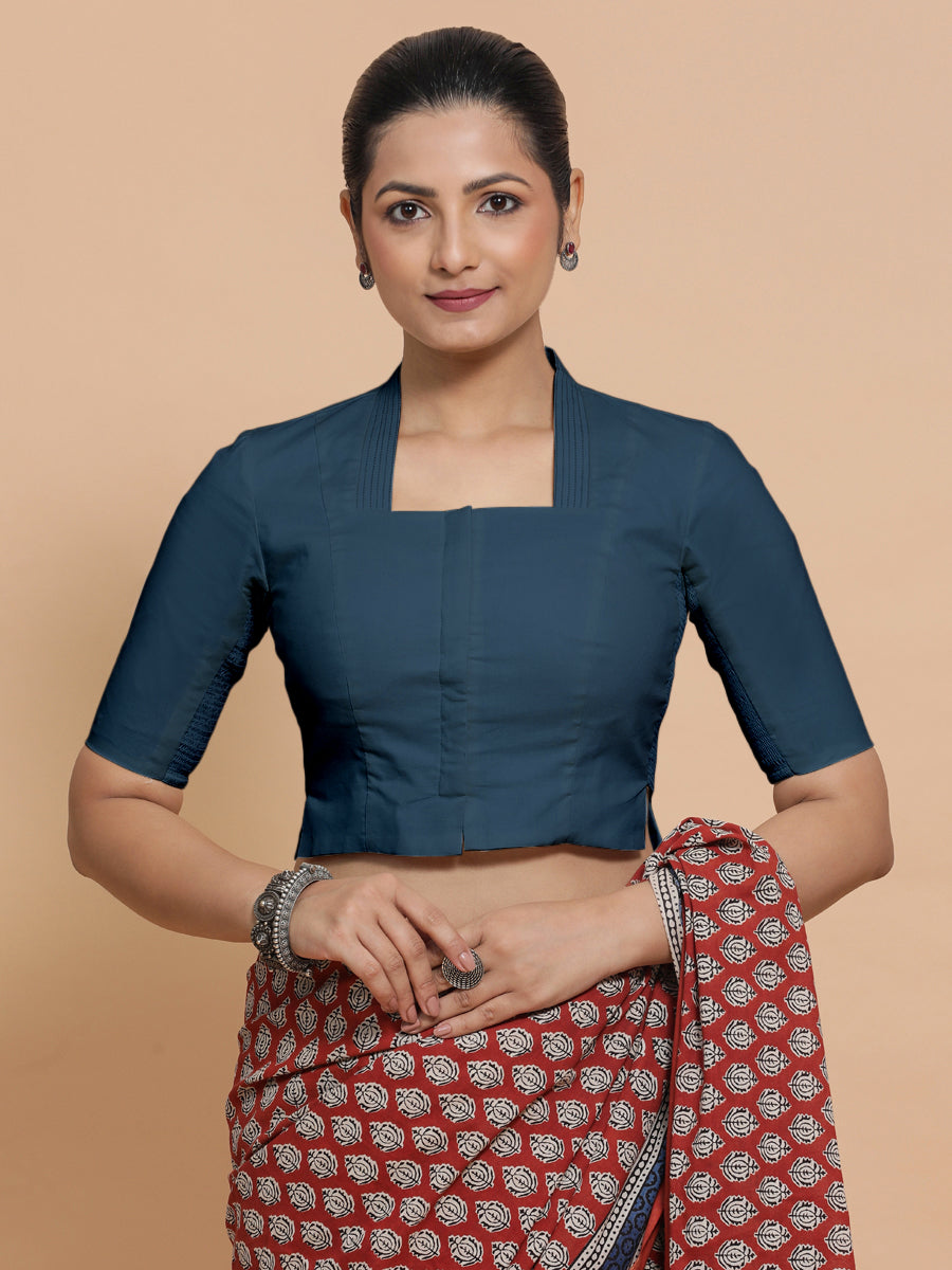 Saloni x Rozaana Saree Blouse, in Blue Linen, featuring elbow sleeves and stylised neckline, made for daily & work (view 6).