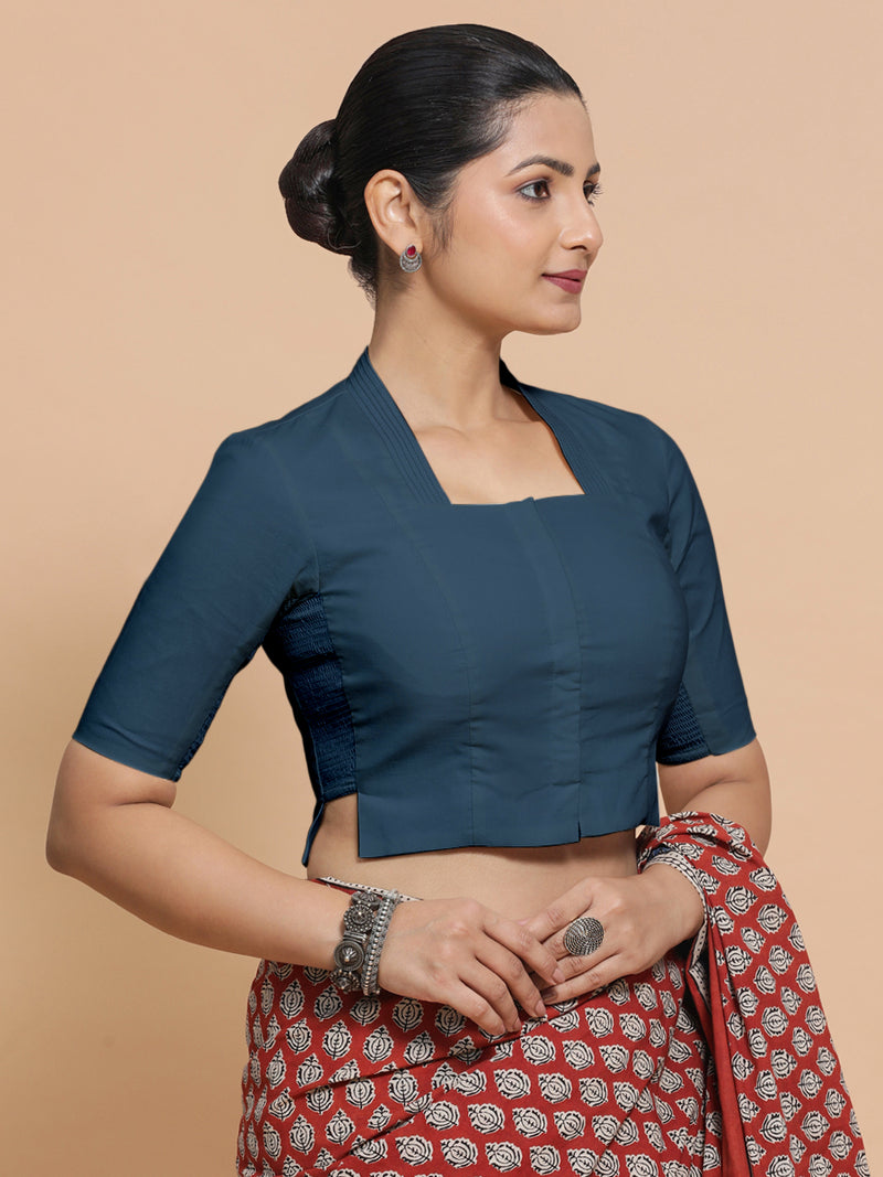 Saloni x Rozaana | Stylised Neck Saree Blouse in Regal Blue Linen-Binks