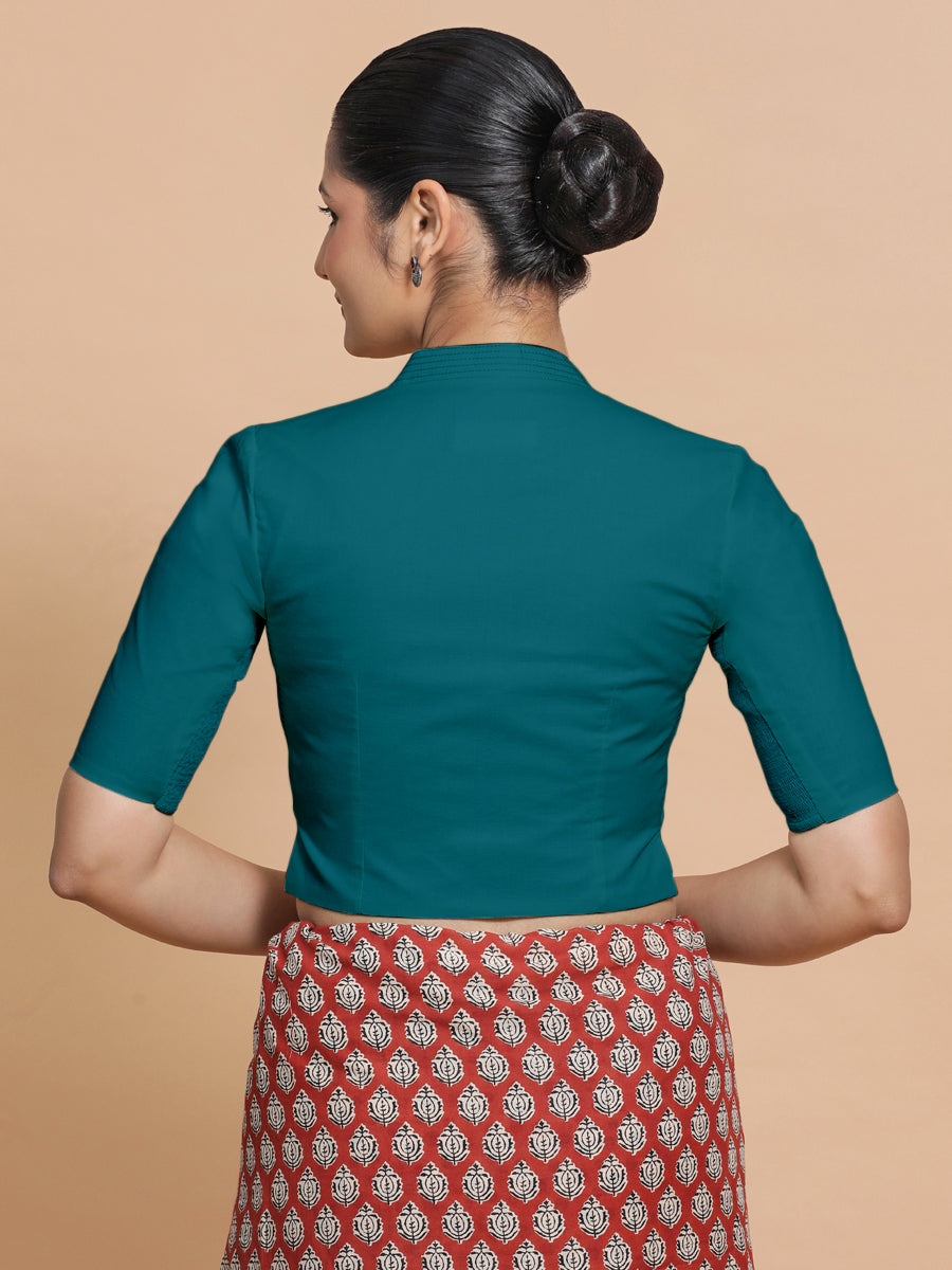 Saloni x Rozaana Saree Blouse, in Blue Linen, featuring elbow sleeves and stylised neckline, made for daily & work (view 2).