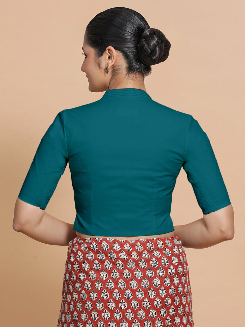Saloni x Rozaana | Stylised Neck Saree Blouse in Teal Blue Linen-Binks