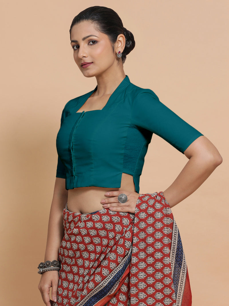Saloni x Rozaana | Stylised Neck Saree Blouse in Teal Blue Linen-Binks