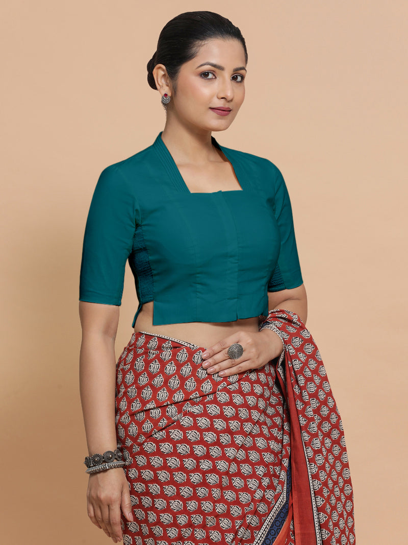 Saloni x Rozaana | Stylised Neck Saree Blouse in Teal Blue Linen-Binks