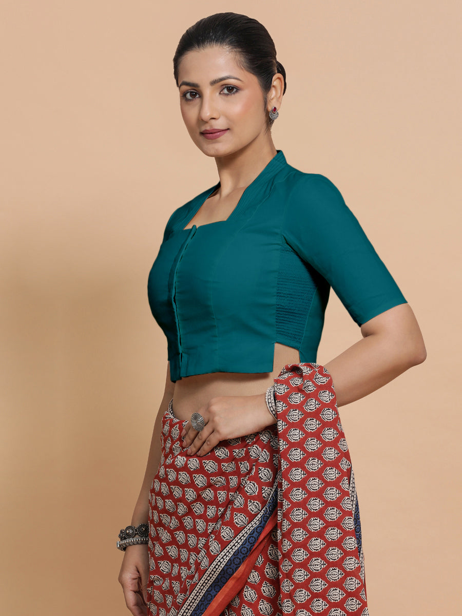 Saloni x Rozaana Saree Blouse, in Blue Linen, featuring elbow sleeves and stylised neckline, made for daily & work (view 8).