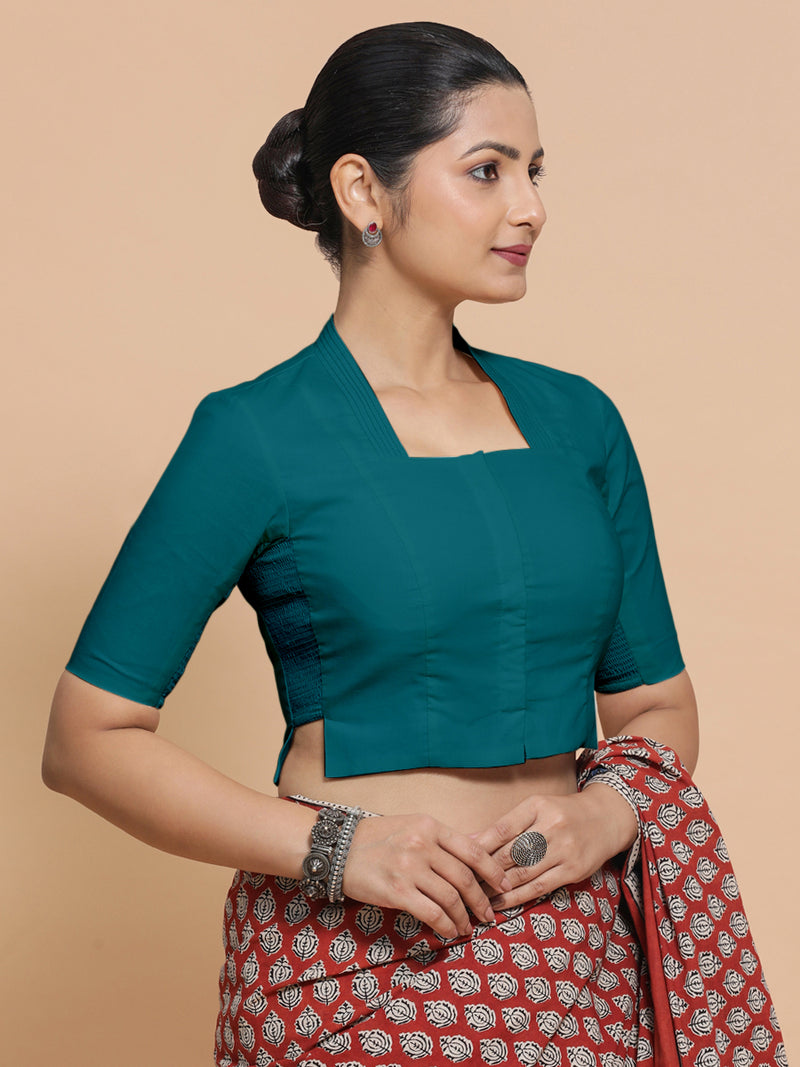 Saloni x Rozaana | Stylised Neck Saree Blouse in Teal Blue Linen-Binks
