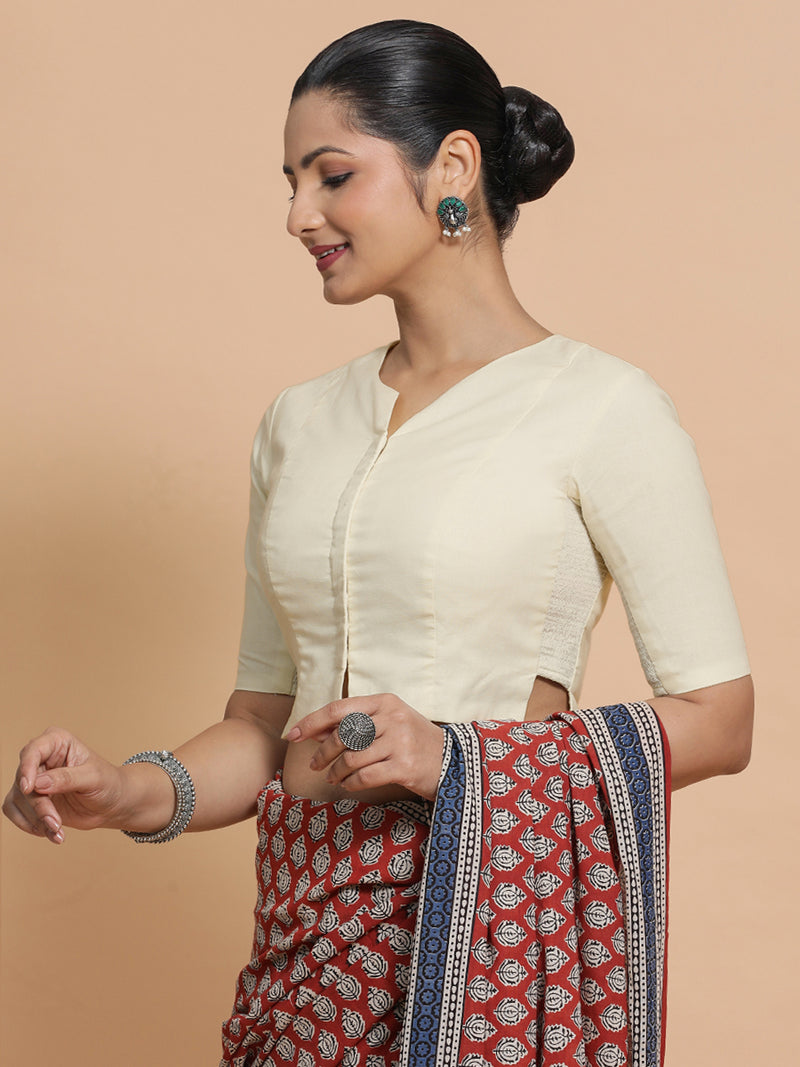 Seema x Rozaana | Elbow Sleeves Saree Blouse in Chalk White Linen-Binks